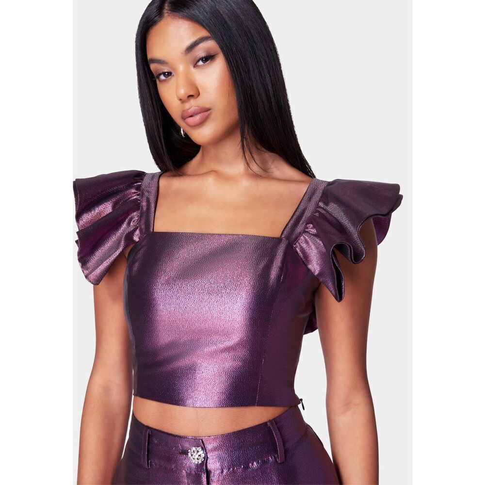 Bebe Iridescent Purple Jacquard Cropped Top Faux Leather Side Panels Size 10
